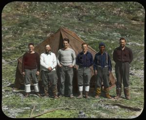 Image of Group of MacMillan's Men at the Button Islands [Dr. Gross, Vogel, Flint, Holbrook, Ah-hay-o, and Waite]1181 
